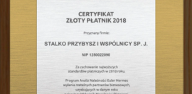 Certyfikat Złoty Płatnik 2018